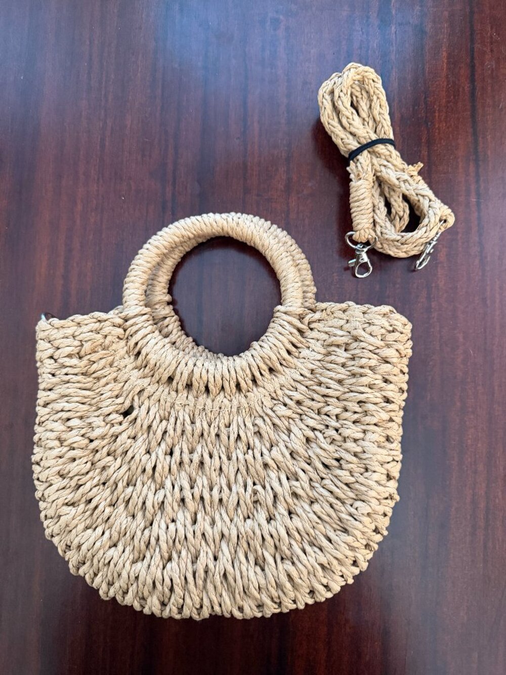 Natural Woven Straw Raffia Top Handle Crossbody Bag Round Boho Purse